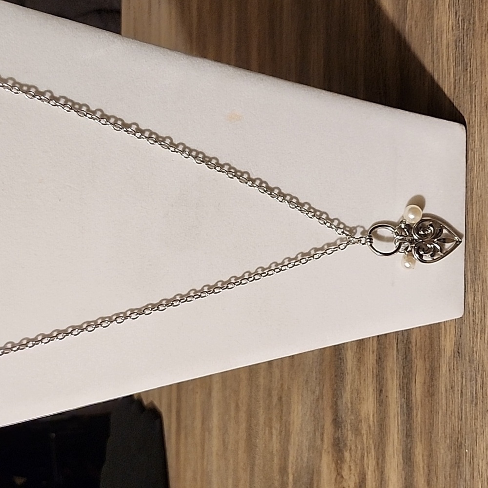 Silvertone Victoria Heart and Faux Pearl Silvertone Long Chain Necklace